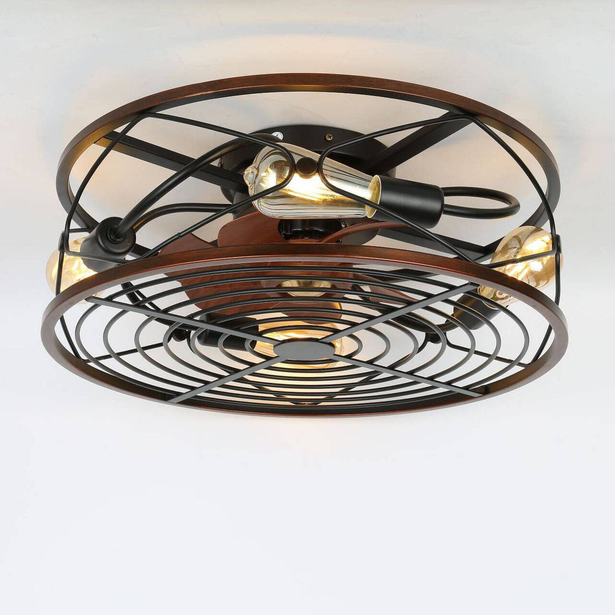 Nordic Industrial Wrought Iron Cylinder 4-Light Flush-Mount Ceiling Light with Hidden Fan