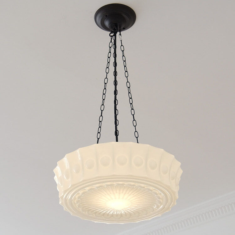 French Vintage White Jade Glass Striped Round Drum LED Semi-Flush Ceiling Light