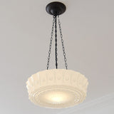 French Vintage White Jade Glass Striped Round Drum LED Semi-Flush Ceiling Light