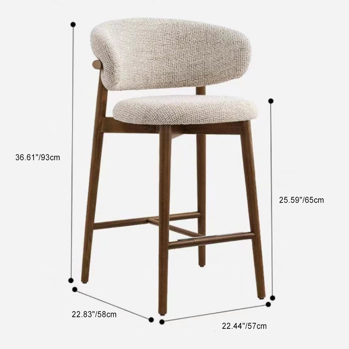Modern Nordic Round Fabric Bar Stool with Wood Frame, Backrest and Footrest for Dining Room