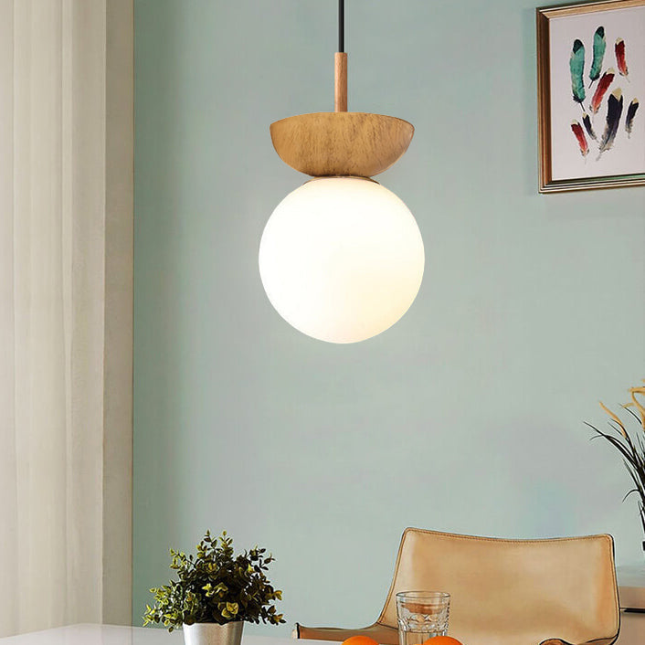 Nordic Japanese Glass Orb Ceiling Light — Wood Grain Iron Finish, 1-Light