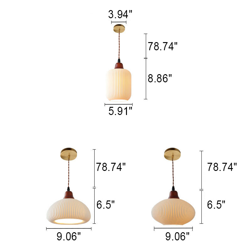 Elegant Japanese Vintage Pleated Ceramic Round Dome Wood 1-Light Pendant Lamp