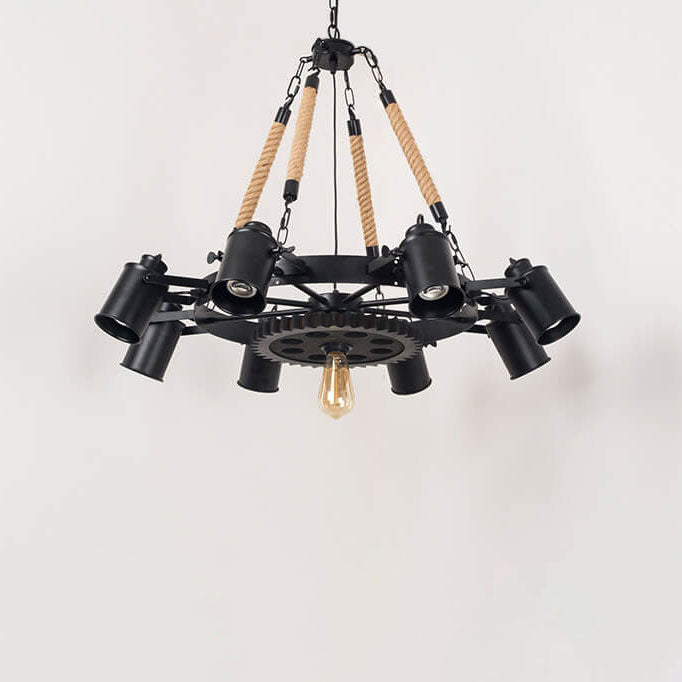 Industrial Retro Gear Wrought Iron Hemp Rope Chandelier - 6/8/10-Light