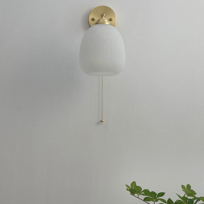 Nordic-Style Milk-White Striped Glass Wall Sconce with Brass Finish - 1-Light Pull-Cord Lamp