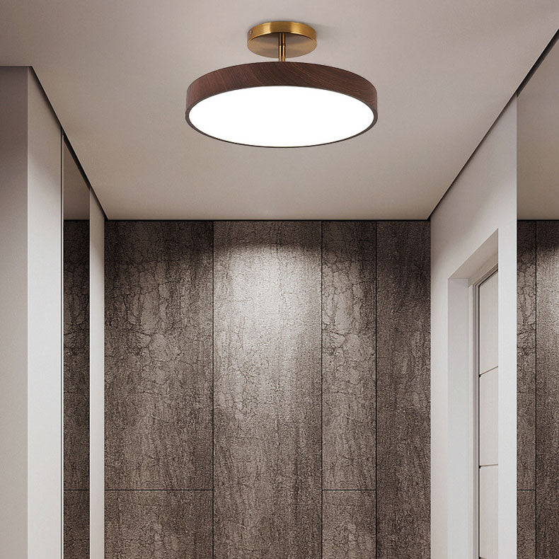 Elegant Japanese Wabi-Sabi Minimalist Wood-Grain Round LED Semi-Flush Mount Ceiling Light