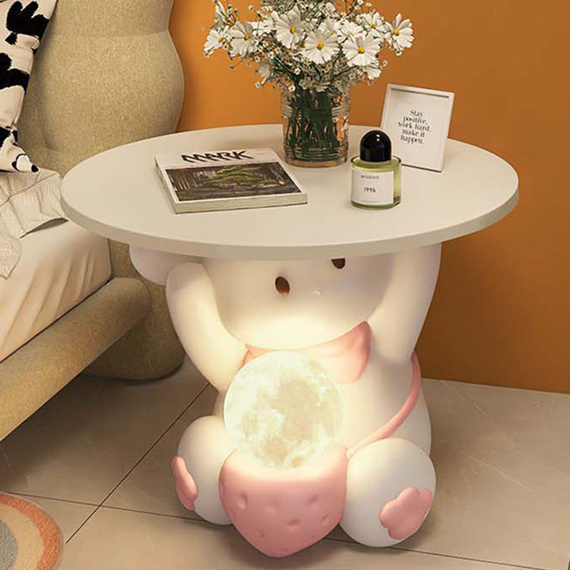 Modern Art Deco Kids Rabbit End Table with 1 Drawer and LED Light — Round Top, Resin-Wood Enamel Finish, Bedroom Nightstand