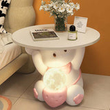 Modern Art Deco Kids Rabbit End Table with 1 Drawer and LED Light — Round Top, Resin-Wood Enamel Finish, Bedroom Nightstand