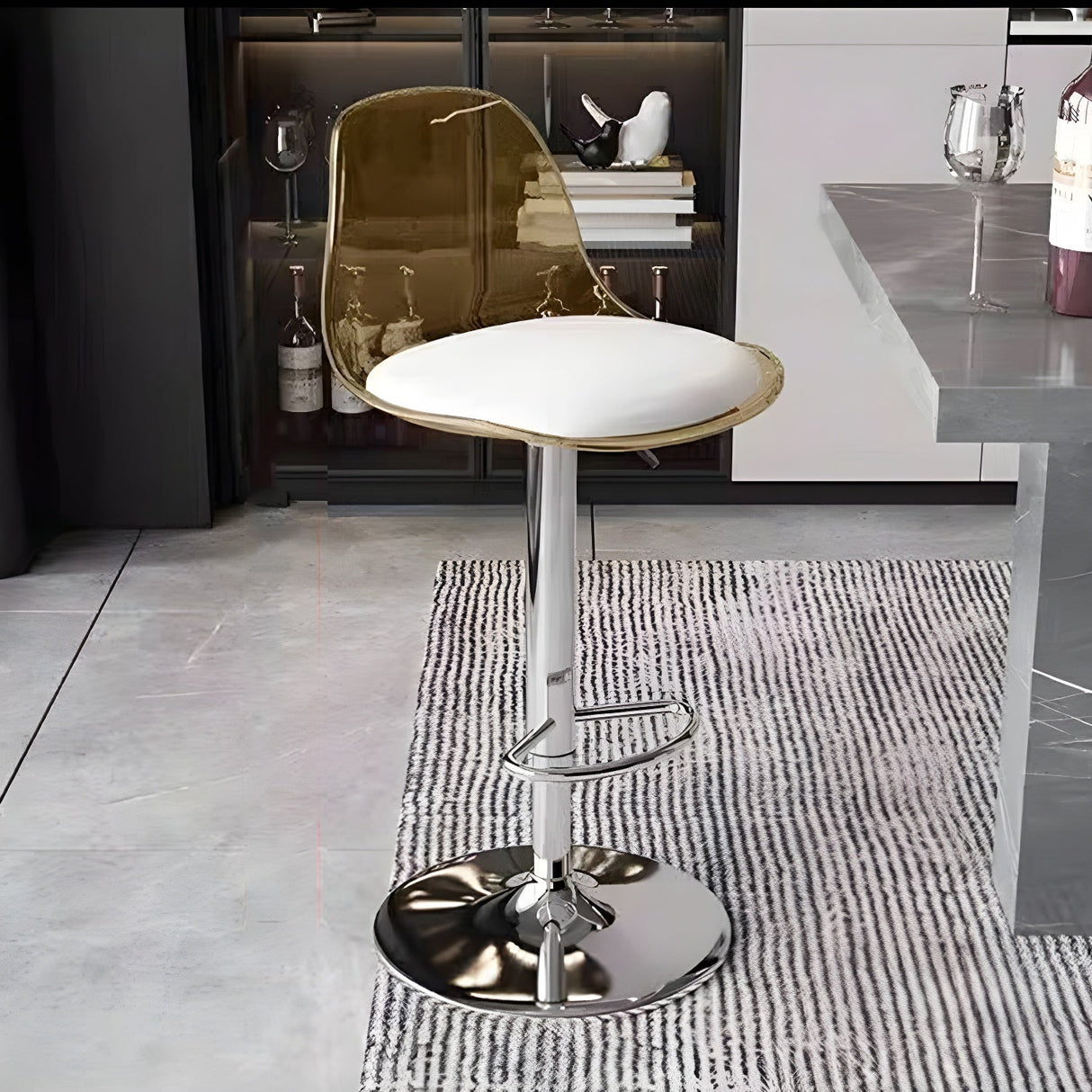Contemporary Scandinavian Curved Acrylic Bar Stool with Metal Base — Adjustable Swivel, Backrest and Footrest for Kitchen