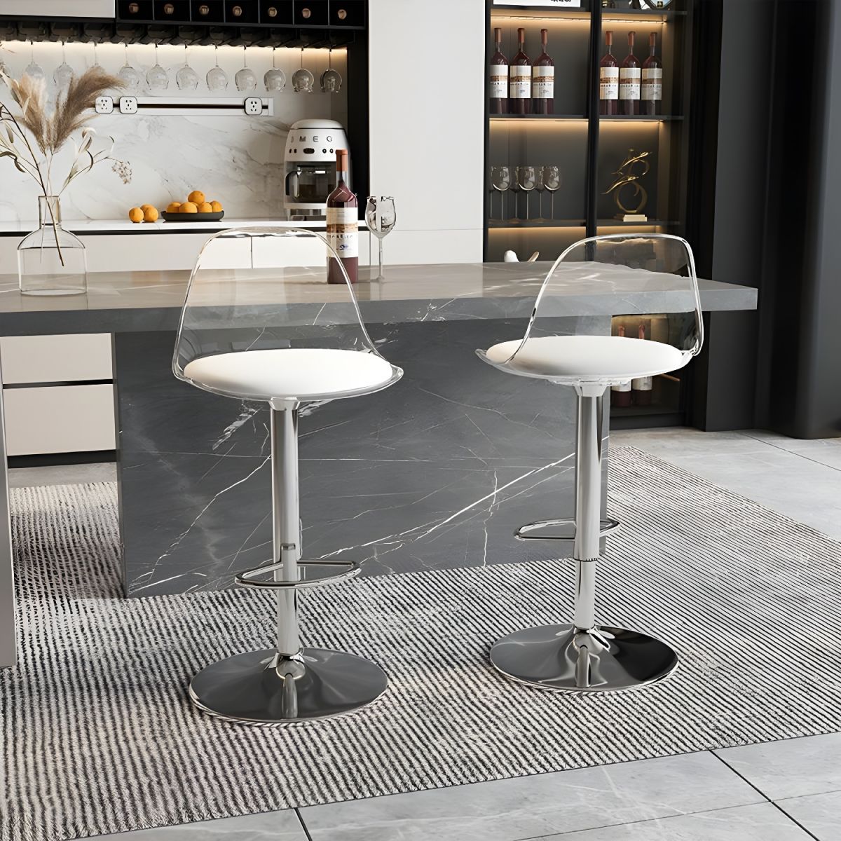 Contemporary Scandinavian Curved Acrylic Bar Stool with Metal Base — Adjustable Swivel, Backrest and Footrest for Kitchen