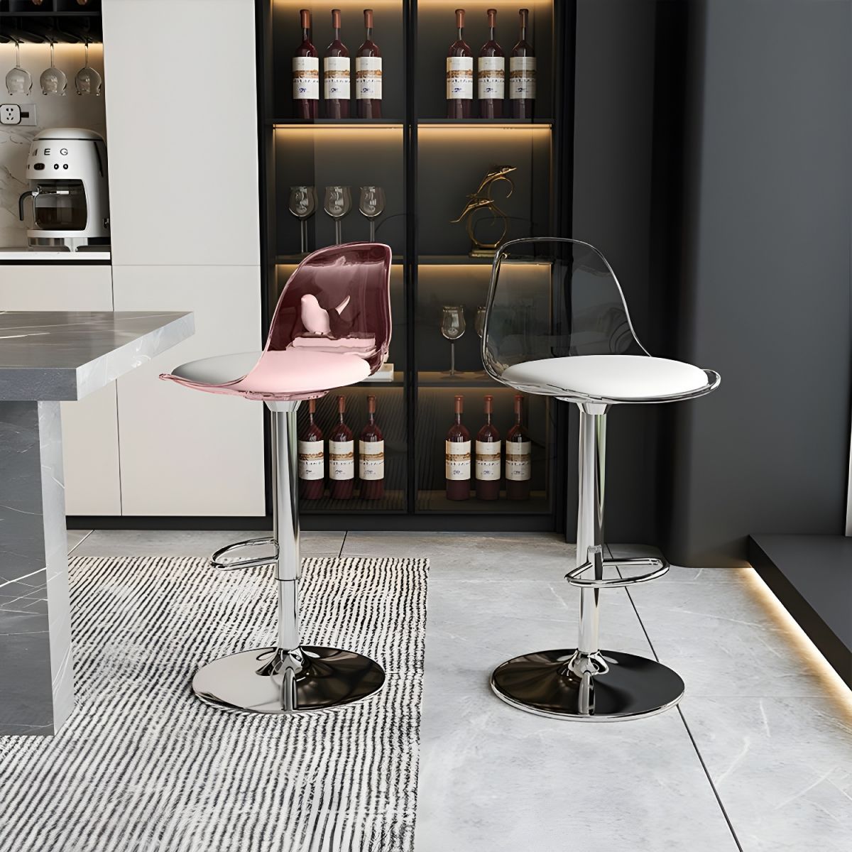 Contemporary Scandinavian Curved Acrylic Bar Stool with Metal Base — Adjustable Swivel, Backrest and Footrest for Kitchen