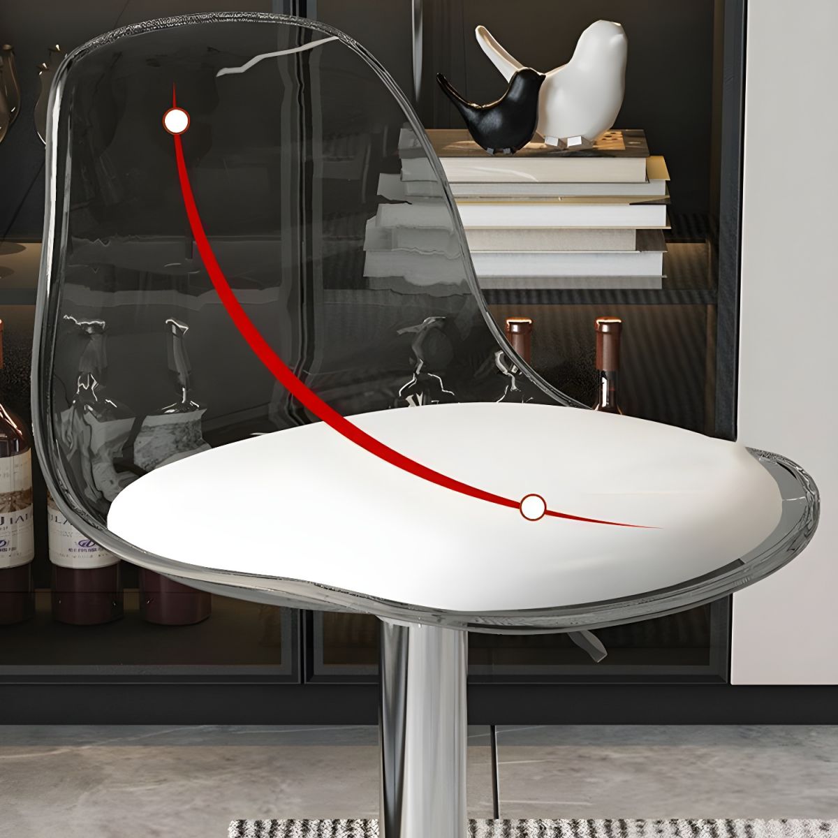 Contemporary Scandinavian Curved Acrylic Bar Stool with Metal Base — Adjustable Swivel, Backrest and Footrest for Kitchen