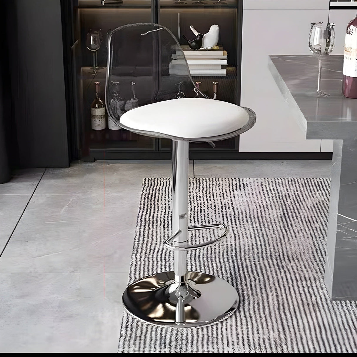 Contemporary Scandinavian Curved Acrylic Bar Stool with Metal Base — Adjustable Swivel, Backrest and Footrest for Kitchen