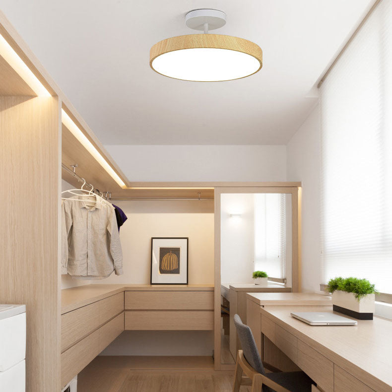 Elegant Japanese Wabi-Sabi Minimalist Wood-Grain Round LED Semi-Flush Mount Ceiling Light