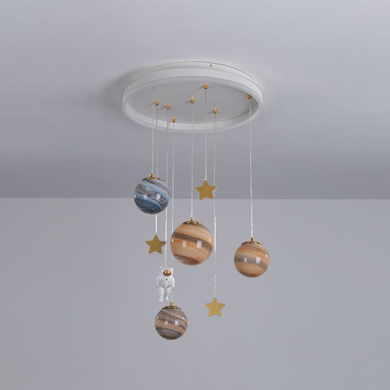 Modern Scandinavian Space Planet LED Kids Flush Mount Ceiling Light with Round Acrylic Glass Shade – Ideal for Bedroom