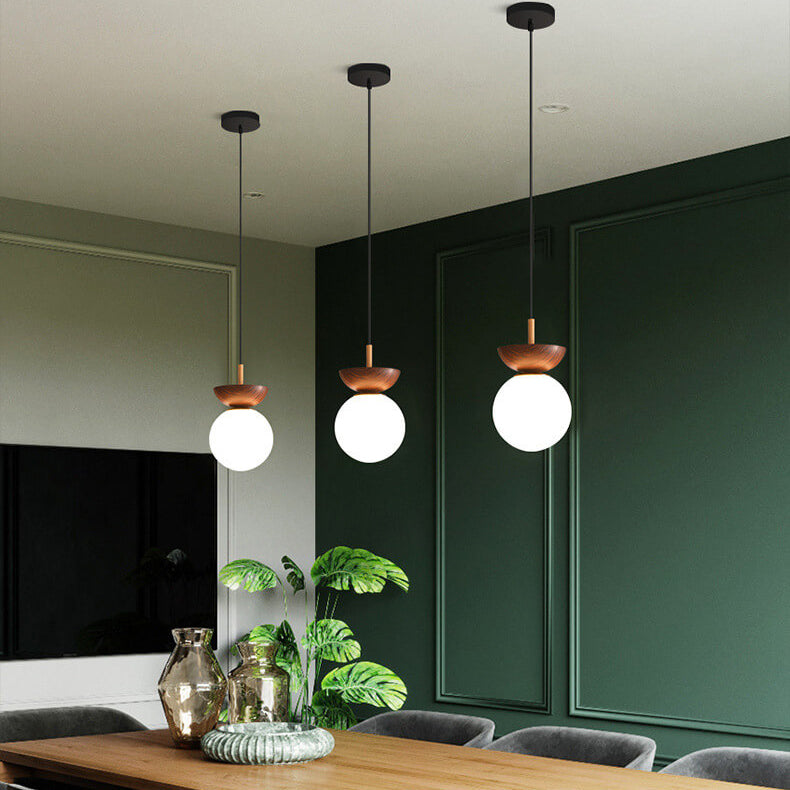 Nordic Japanese Glass Orb Ceiling Light — Wood Grain Iron Finish, 1-Light