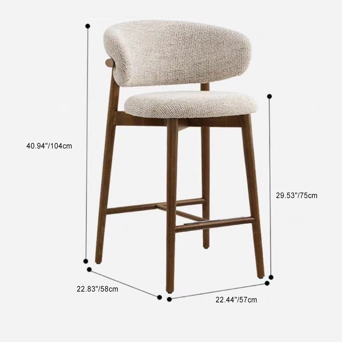 Modern Nordic Round Fabric Bar Stool with Wood Frame, Backrest and Footrest for Dining Room