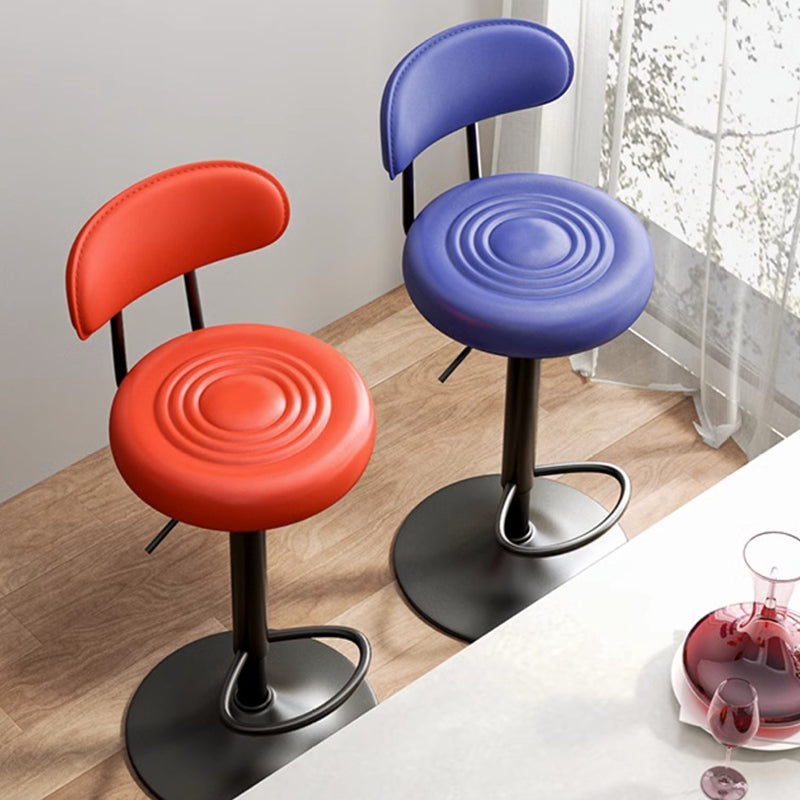 Modern Minimalist Round Upholstered Bar Stool with Curved Backrest in Microfiber Leather & Metal – Ideal Dining Room Chair