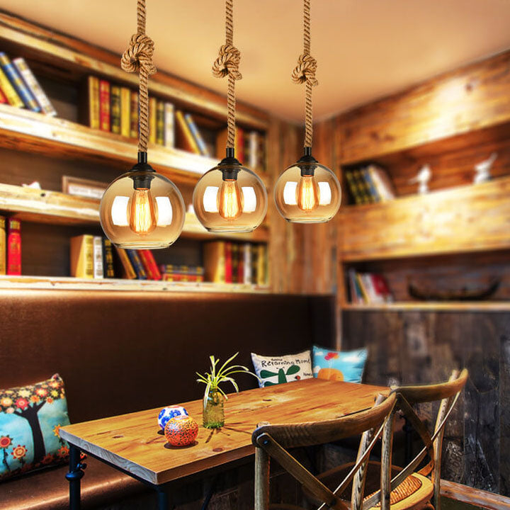 Retro Rope-Hung Glass Globe Pendant Light, 1-Light
