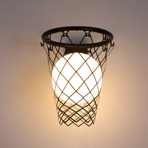 Modern Art Deco Kids' Iron & Glass Basketball Hoop Wall Sconce Lamp – 1-Light Bedroom Lighting