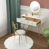 Contemporary Bow-Shape Velvet Upholstered Round Vanity Stool with Backrest - PU Leather & Metal Frame for Bedroom