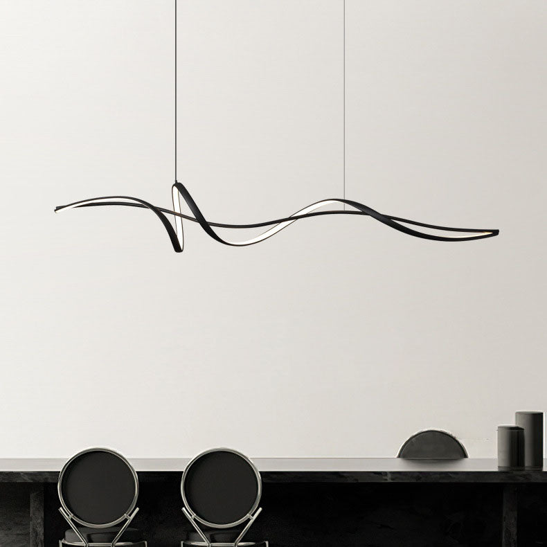 Modern Minimalist Wave Strip LED Chandeliers – Iron & Aluminum Frame with Silica Glass, Island Light for Dining Room
