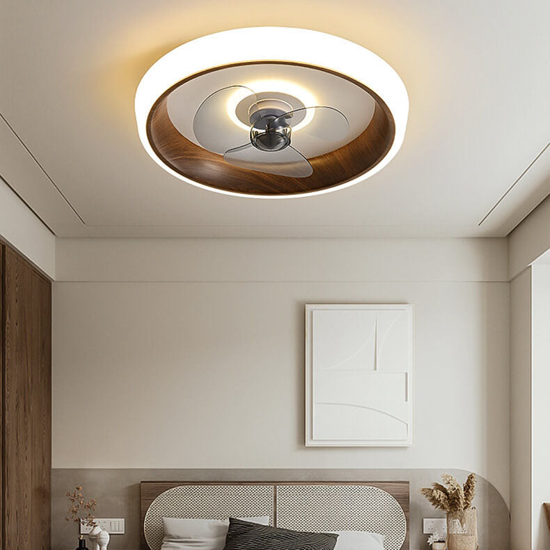 Nordic Minimalist Round LED Flush-Mount Ceiling Fan Light with Wood-Grain Acrylic Finish