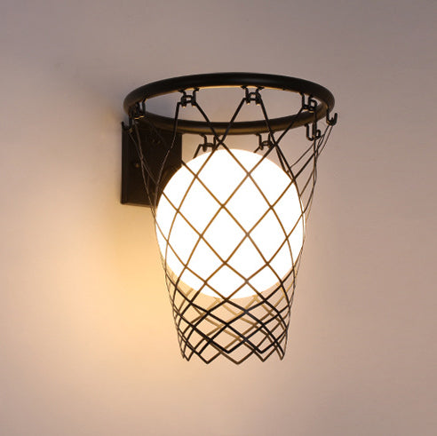 Modern Art Deco Kids' Iron & Glass Basketball Hoop Wall Sconce Lamp – 1-Light Bedroom Lighting