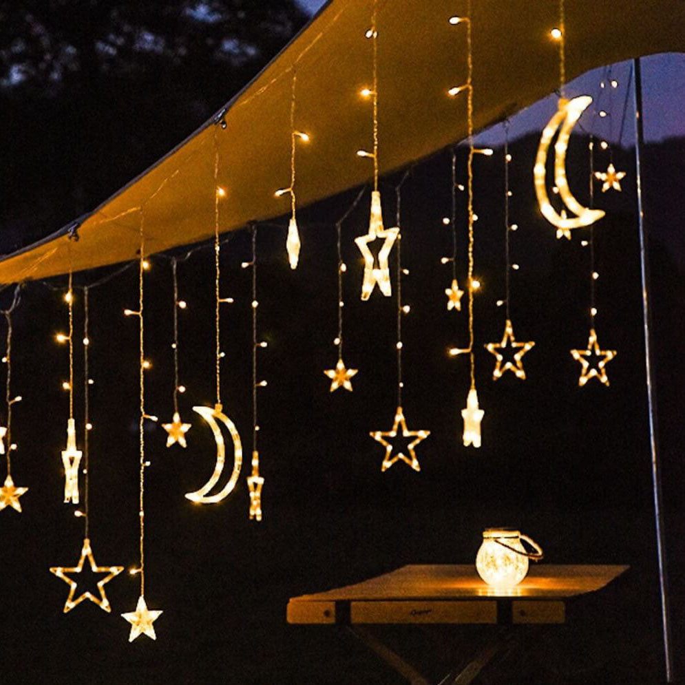 Solar-Powered LED Curtain Lights – Star & Moon Design, Outdoor Christmas String Lights for Patio, Garden and Camping
