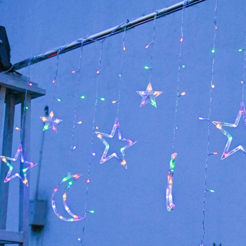 Solar-Powered LED Curtain Lights – Star & Moon Design, Outdoor Christmas String Lights for Patio, Garden and Camping