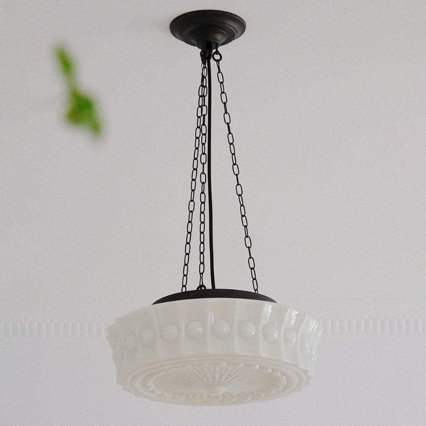 French Vintage White Jade Glass Striped Round Drum LED Semi-Flush Ceiling Light