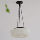 French Vintage White Jade Glass Striped Round Drum LED Semi-Flush Ceiling Light