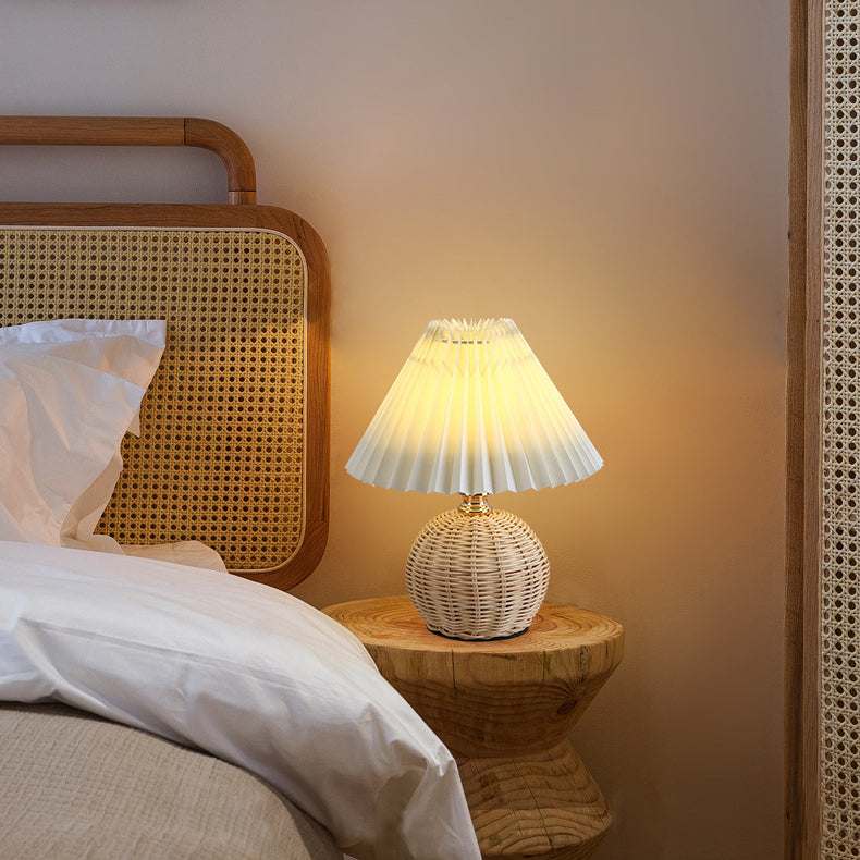 Chic Nordic Rattan Fabric Pleated Conic Ball LED Table Lamp for Bedroom - Modern Ambient Lighting