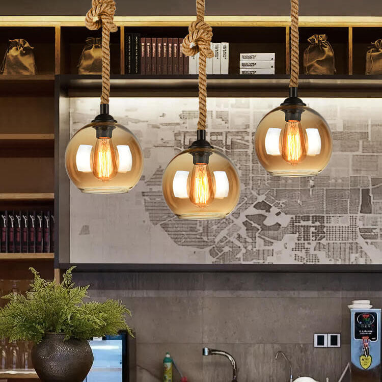 Retro Rope-Hung Glass Globe Pendant Light, 1-Light