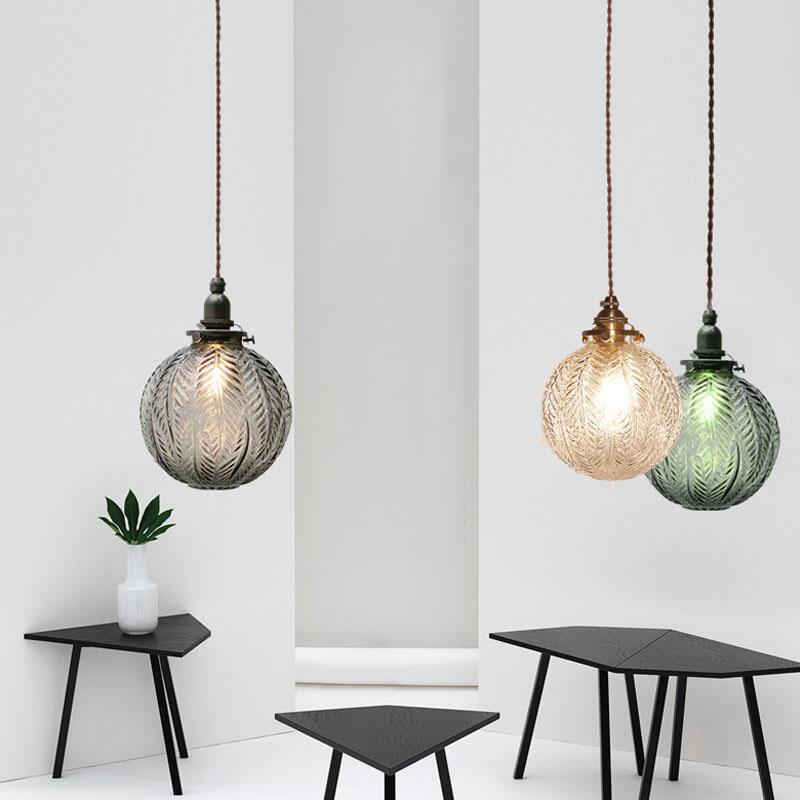 Retro Lotus-Textured Glass Globe Pendant Light, 1-Light