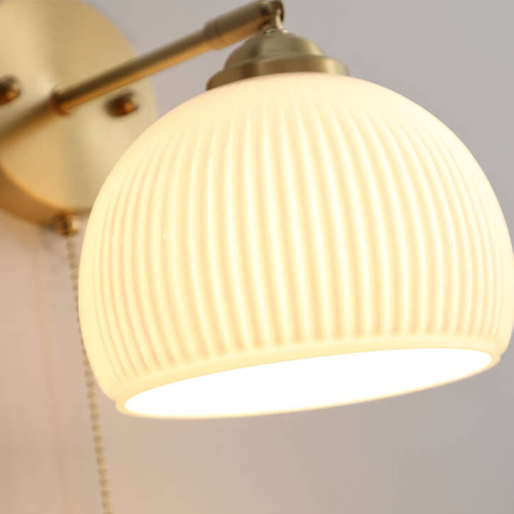 Nordic-Style Milk-White Striped Glass Wall Sconce with Brass Finish - 1-Light Pull-Cord Lamp