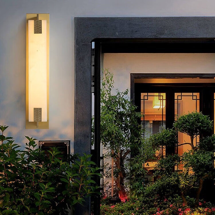 Elegant Modern-Transitional Rectangular Copper-Marble LED Outdoor Wall Sconce Lamp for Patio