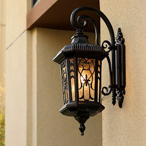 European Outdoor Wall Sconce Lamp – Carved Cage, Aluminum & Glass, 1-Light