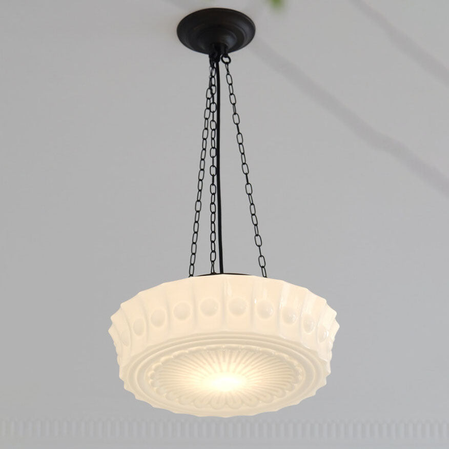 French Vintage White Jade Glass Striped Round Drum LED Semi-Flush Ceiling Light