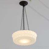 French Vintage White Jade Glass Striped Round Drum LED Semi-Flush Ceiling Light