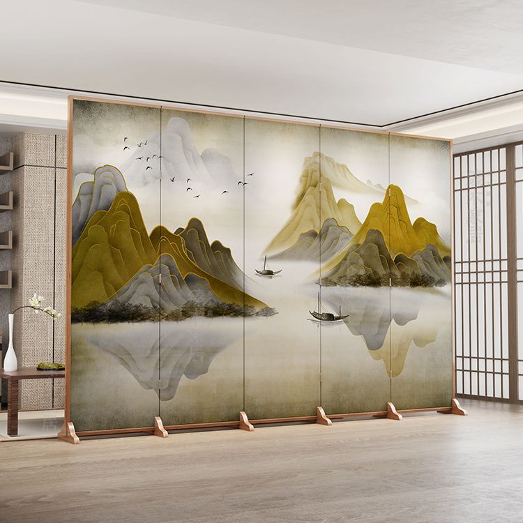Traditional Chinese-Style Rectangular Fir Wood Room Divider - Solid Wood, Plywood, and Cotton Canvas for Living Room