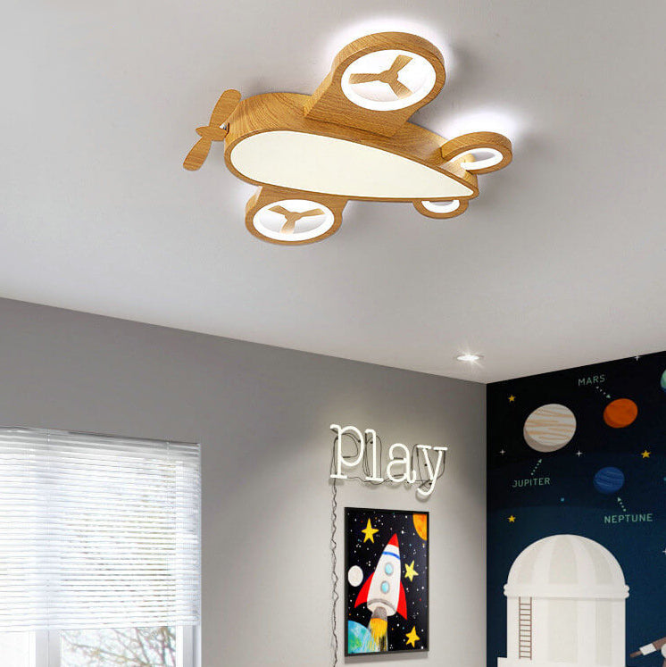 Whimsical Cartoon Aircraft LED Kids' Ceiling Light with Wood Grain Finish — Flush Mount