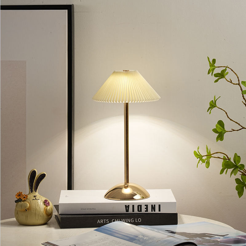Modern Scandinavian Rechargeable Table Lamp – Iron Frame, Pleated Conical Fabric Shade, 1-Light, Perfect for Bedside