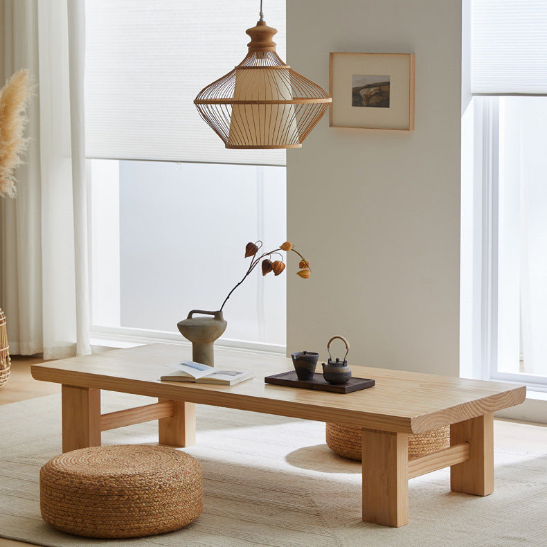 Traditional Japanese Rectangular Solid Wood Coffee Table with Four Sturdy Legs for the Living Room