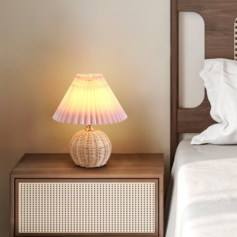 Chic Nordic Rattan Fabric Pleated Conic Ball LED Table Lamp for Bedroom - Modern Ambient Lighting