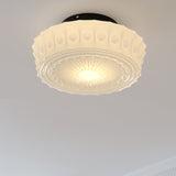 French Vintage White Jade Glass Striped Round Drum LED Semi-Flush Ceiling Light