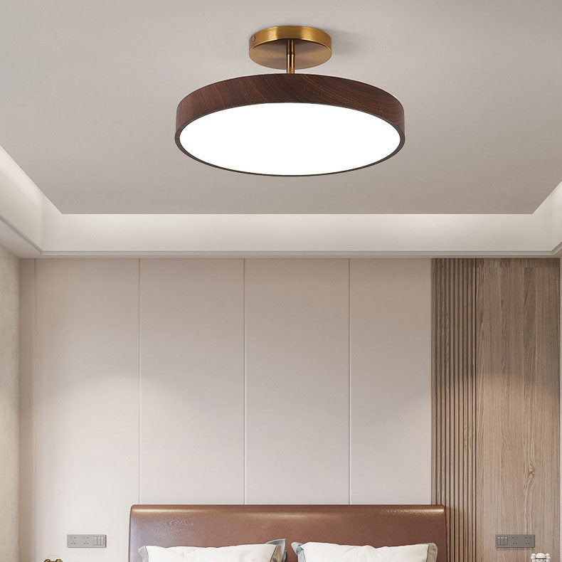 Elegant Japanese Wabi-Sabi Minimalist Wood-Grain Round LED Semi-Flush Mount Ceiling Light