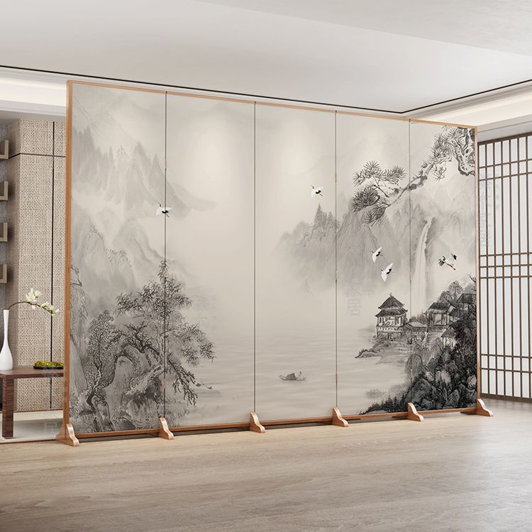 Traditional Chinese-Style Rectangular Fir Wood Room Divider - Solid Wood, Plywood, and Cotton Canvas for Living Room