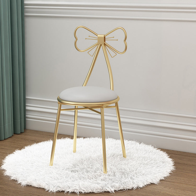 Contemporary Bow-Shape Velvet Upholstered Round Vanity Stool with Backrest - PU Leather & Metal Frame for Bedroom