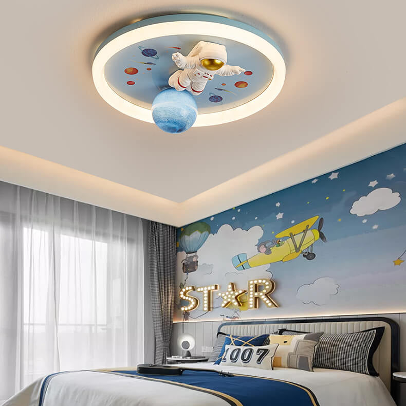 Whimsical Cartoon Space Astronaut Resin LED Flush Mount Ceiling Light