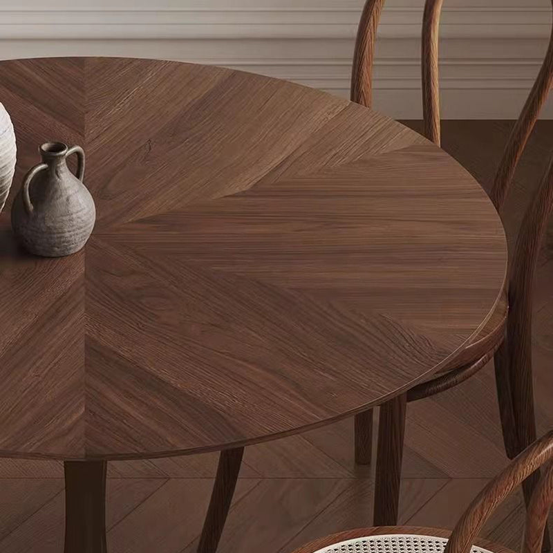 Chic Contemporary Retro Round Walnut & Copper Rattan Dining Table with 2 Chairs